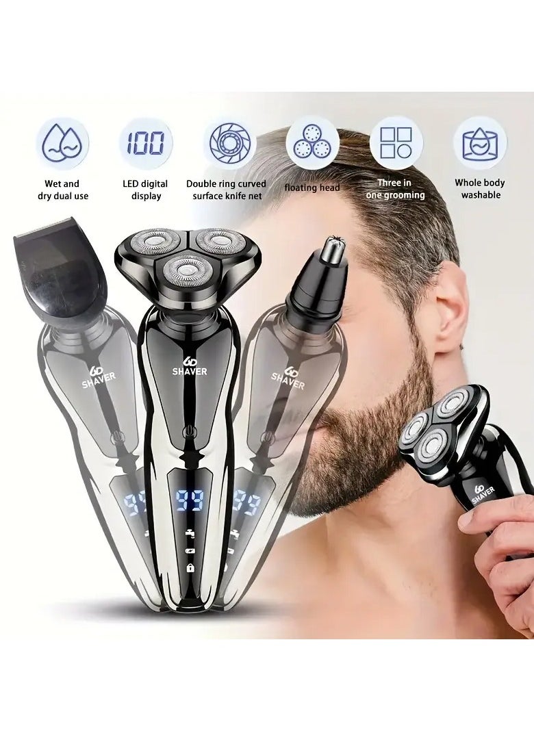 Electric Razor For Men, 3 In 1 Electric Shaver Nose Hair Trimmer USBRechargeable Portable Razor 3D Floating Blade Digital Display ShavingBeard Machine