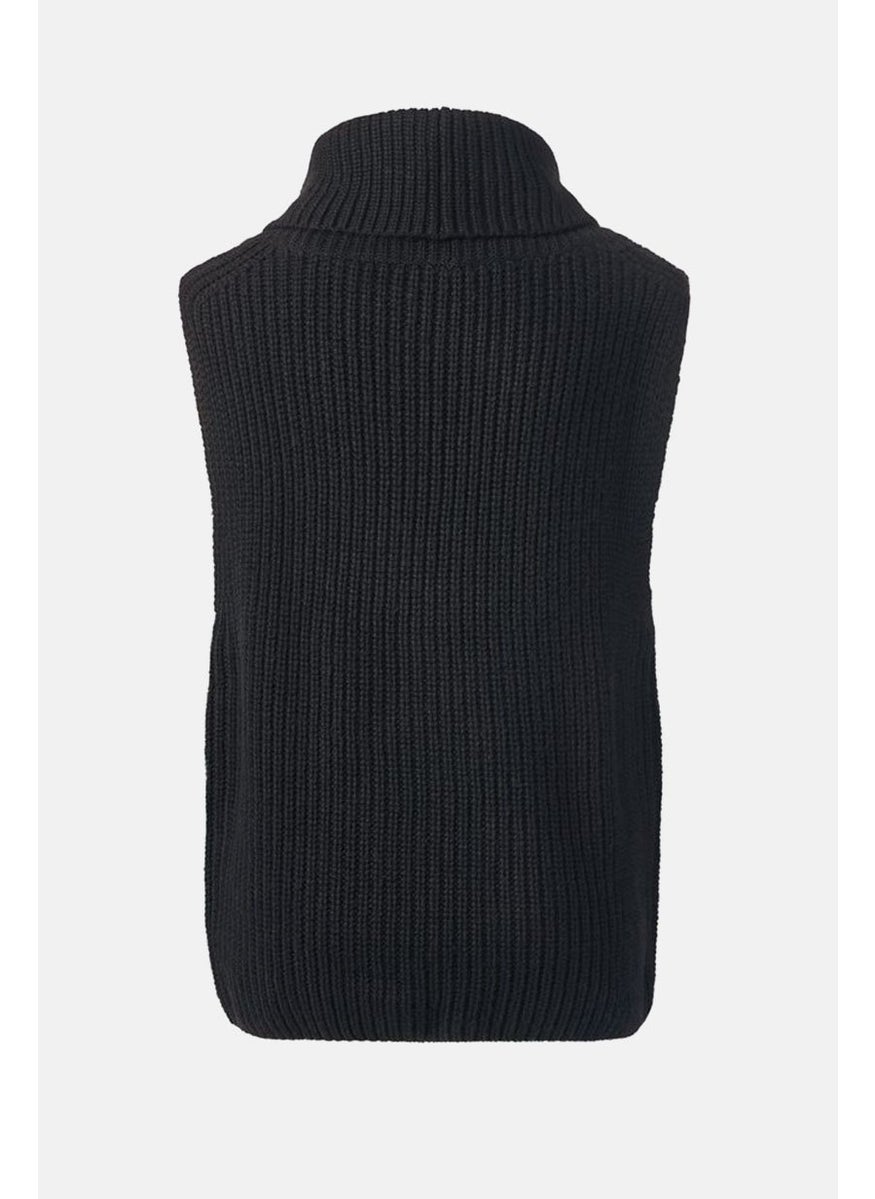 Women Mock Neck Sleeveless Knitted Pullover, Black