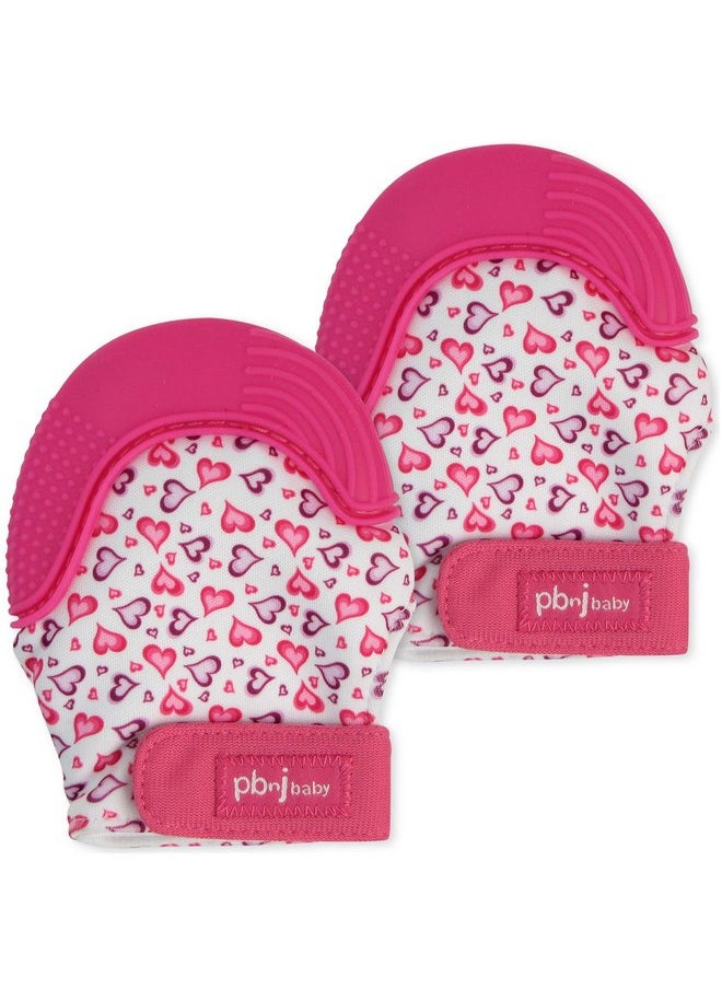 PBnJ baby Silicone Infant Teething Mitten Teether Glove Mitt Toy - Heart 2pk