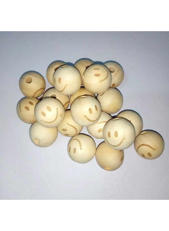 Alenybeby 50pcs 20mm Round Natural Wood Beads Laser Printing Smile face Beads Necklace Wooden Beads for Key Chain Jewelry Making (Smiley face 50pcs)