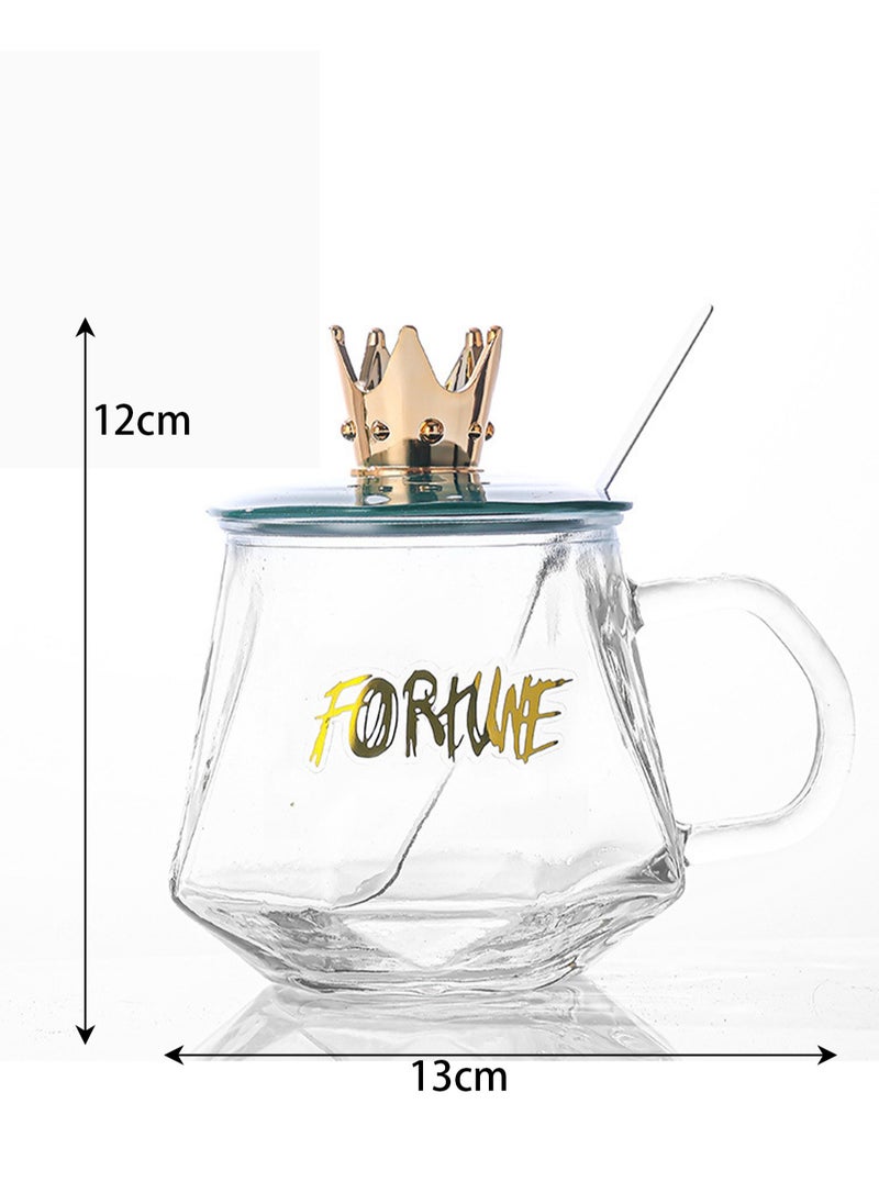 Crown Water Cup With Lid, Office Glass Cup, High-value Heat-resistant Cup With Spoon, Female Handle Coffee Cup (Green)