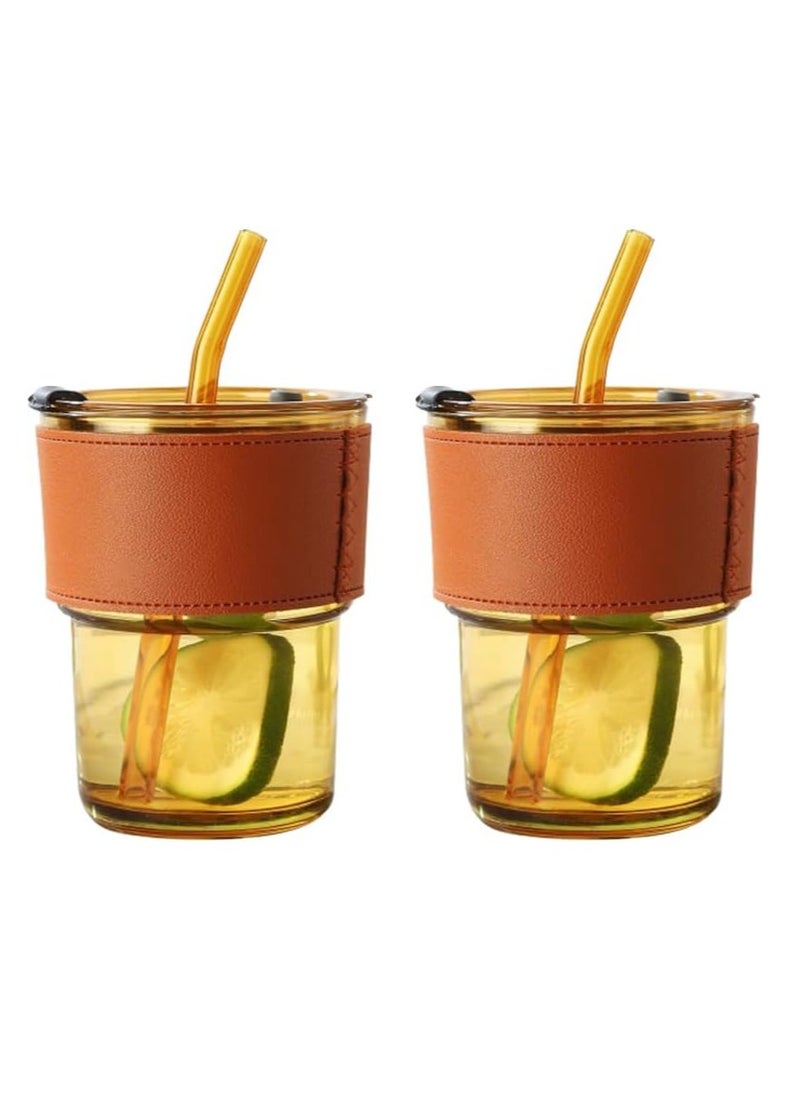 2-Pack Glass Carafe With Straw And Lid, Iced Coffee Glass, Iced Coffee Cup With Insulated Sleeve (Amber)