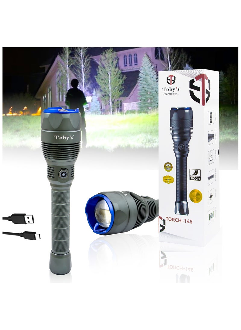 Toby's Torch-145 Rechargeable LED Bright powerful Torch with great lumen bright Torch light  High strength Aluminum Alloy and long Lasting battery life best for camping and outdoor activities