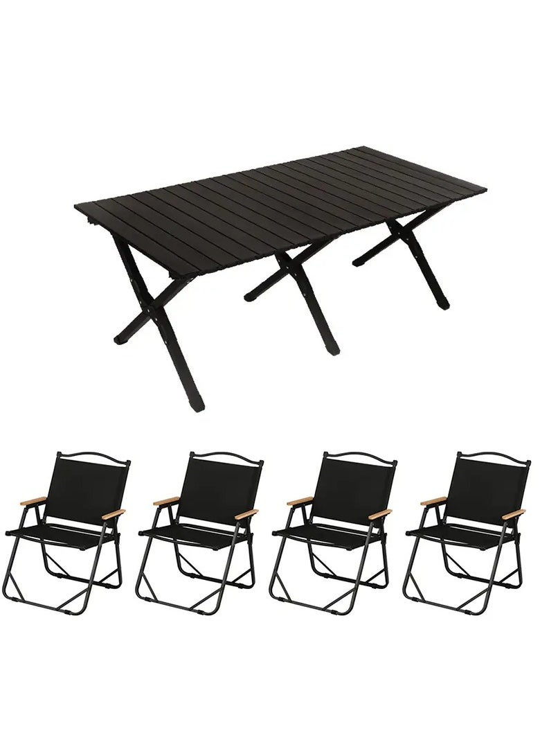 Outdoor and Indoor Folding Table Camping Table with Adjustable Height Carbon Steel Desk Heavy Duty 2-Folds Portable Camp Tables And four folding chairs for Travel, Picnic, Beach, Party