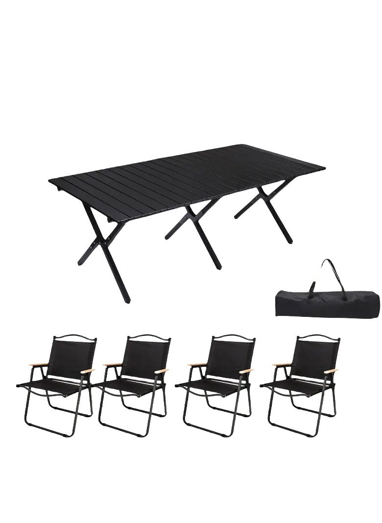 Outdoor and Indoor Folding Table Camping Table with Adjustable Height Carbon Steel Desk Heavy Duty 2-Folds Portable Camp Tables And four folding chairs for Travel, Picnic, Beach, Party