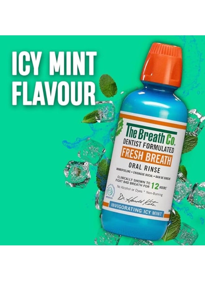 The Breath Co Fresh Breath Oral Rinse - Dentist Formulated - Alcohol-Free Oral Mouthwash for 12 Hours of Fresh Breath - Icy Mint Flavour