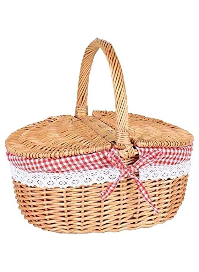 Handwoven Wicker Picnic Basket with Lid and Handle Rattan Storage Serving Basket Wicker Storage Hamper for Outdoor Beach Camping Hiking