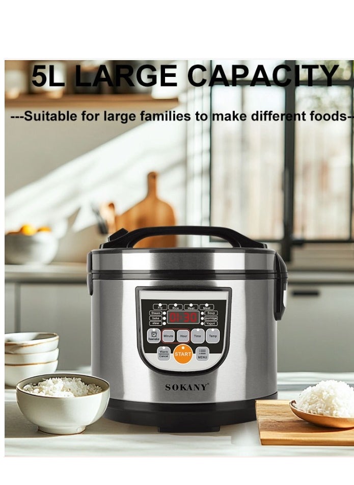 Digital Rice Cooker,Digital Multicooker, Electric Pressure Cooker With 5L Capacity Non-Stick Inner Pot, Stainless Steel Body,10 One-Touch Programs 700W SK-07051 Silver/Black