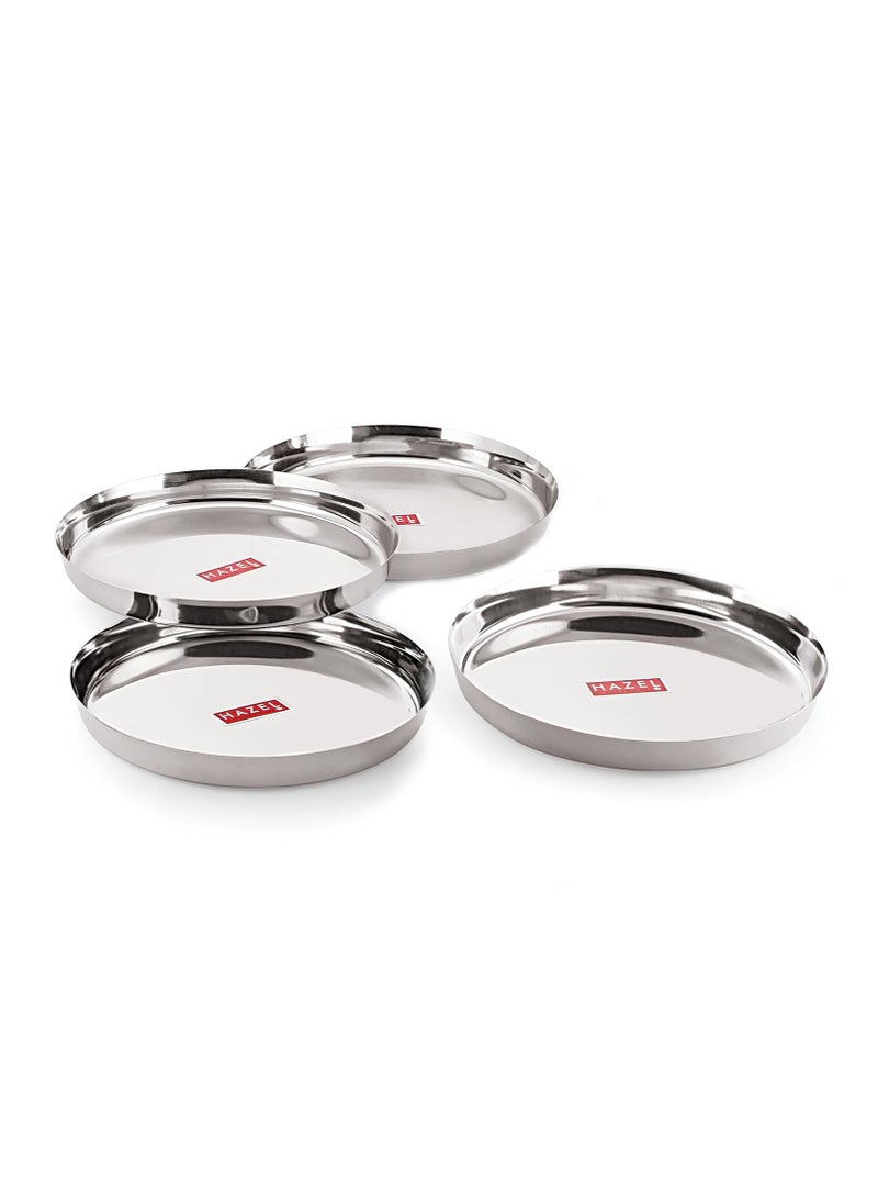 HAZEL Stainless Steel Plates Set | Premium Mirror Finish Thali Set Stainless Steel | Heavy Gauge Steel Plates Set for Dinner & Lunch Set of 4, 28 cm