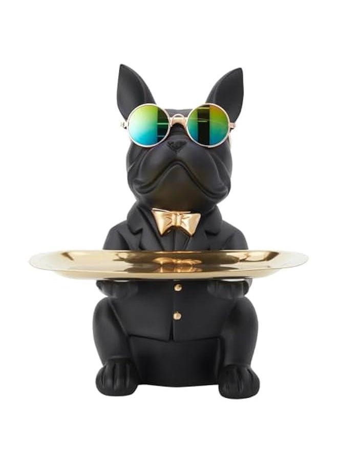 Resin Bulldog Statue Decor with Tray, Entrance Decor Tray Place Keys, Table Decor Place Jewelry and Candies Office Living Room Decoration to Attract Wealth (Black)