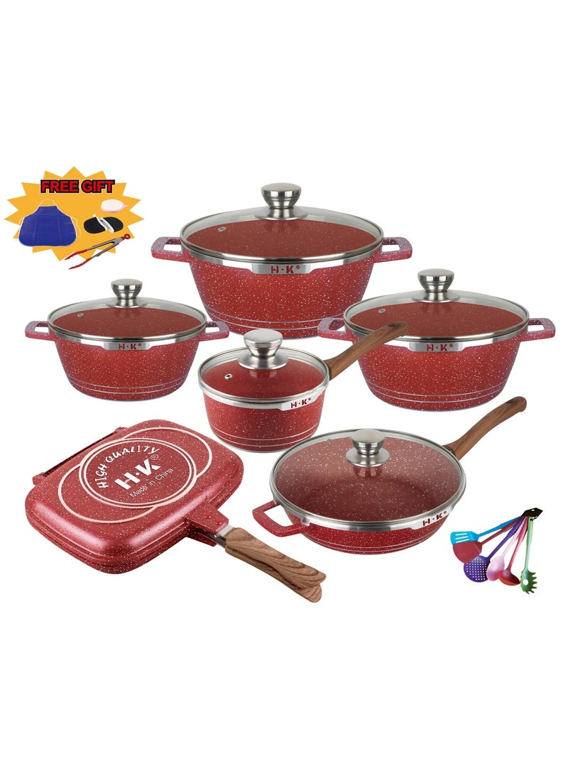 Non-stick Coating Cookware Set - Granite Coating - Cast Aluminum Pots and Pans Set - Casserole, Stockpot, Deep Frying Pan with Lid