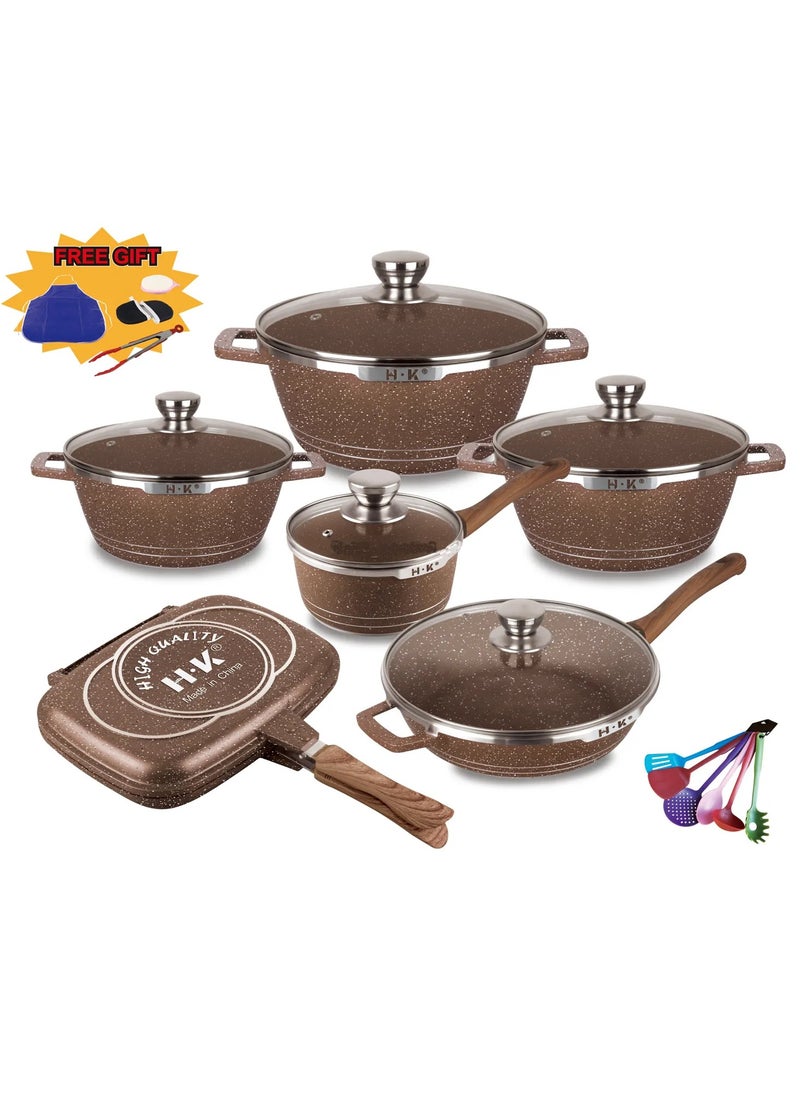 Non-stick Coating Cookware Set - Granite Coating - Cast Aluminum Pots and Pans Set - Casserole, Stockpot, Deep Frying Pan with Lid