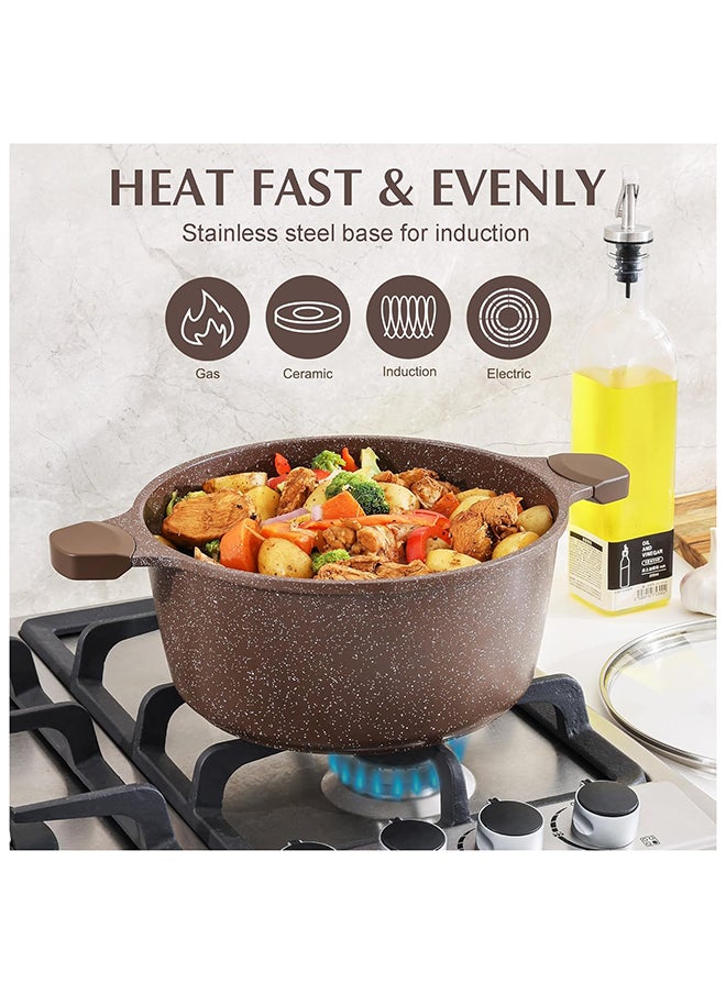 16 Piece Swiss Granite Coating Cookware Set, Non-Stick, PFOA/PFOS/APEO Free, 1X24Cm Casserole With Lid,1X28Cm Deep Fry Pan With Lid, 1X24Cm Fry Pan, 1X32Cm Fry Pan, 1X16Cm Sauce Pan, 1X20Cm Sauce Pan With Lid, 3 Utensils, 5X Protectors, Toffee Brown