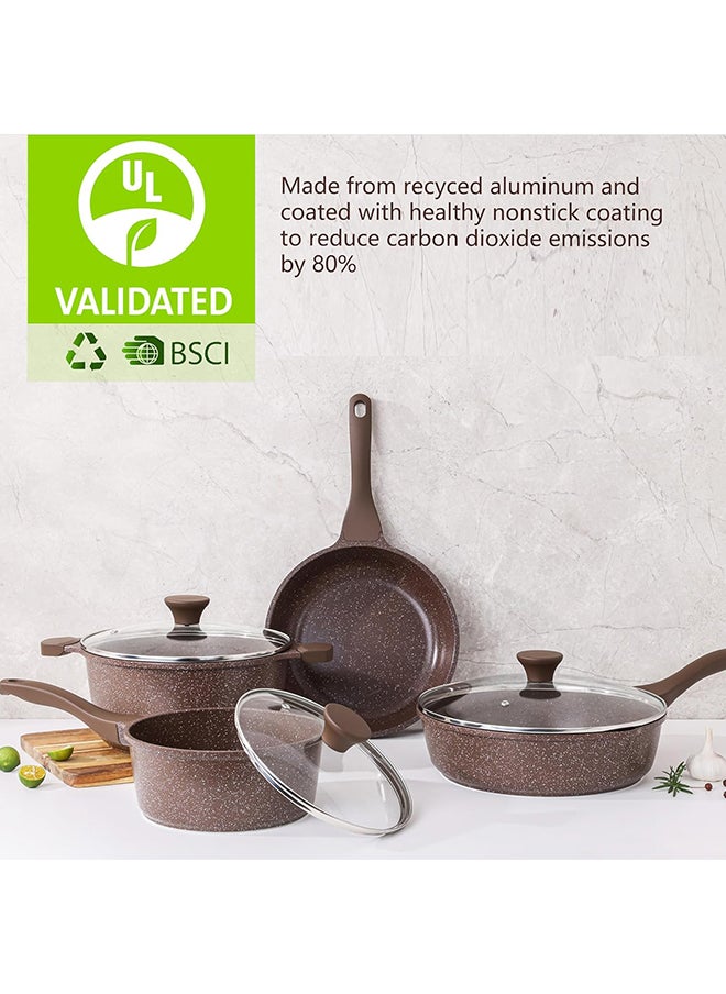 16 Piece Swiss Granite Coating Cookware Set, Non-Stick, PFOA/PFOS/APEO Free, 1X24Cm Casserole With Lid,1X28Cm Deep Fry Pan With Lid, 1X24Cm Fry Pan, 1X32Cm Fry Pan, 1X16Cm Sauce Pan, 1X20Cm Sauce Pan With Lid, 3 Utensils, 5X Protectors, Toffee Brown