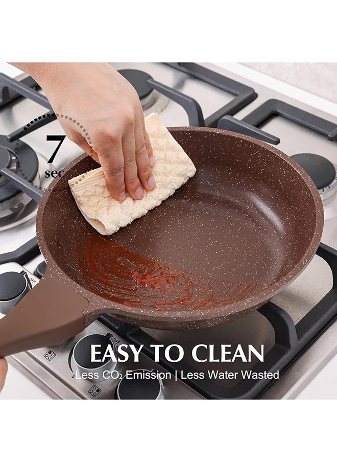16 Piece Swiss Granite Coating Cookware Set, Non-Stick, PFOA/PFOS/APEO Free, 1X24Cm Casserole With Lid,1X28Cm Deep Fry Pan With Lid, 1X24Cm Fry Pan, 1X32Cm Fry Pan, 1X16Cm Sauce Pan, 1X20Cm Sauce Pan With Lid, 3 Utensils, 5X Protectors, Toffee Brown