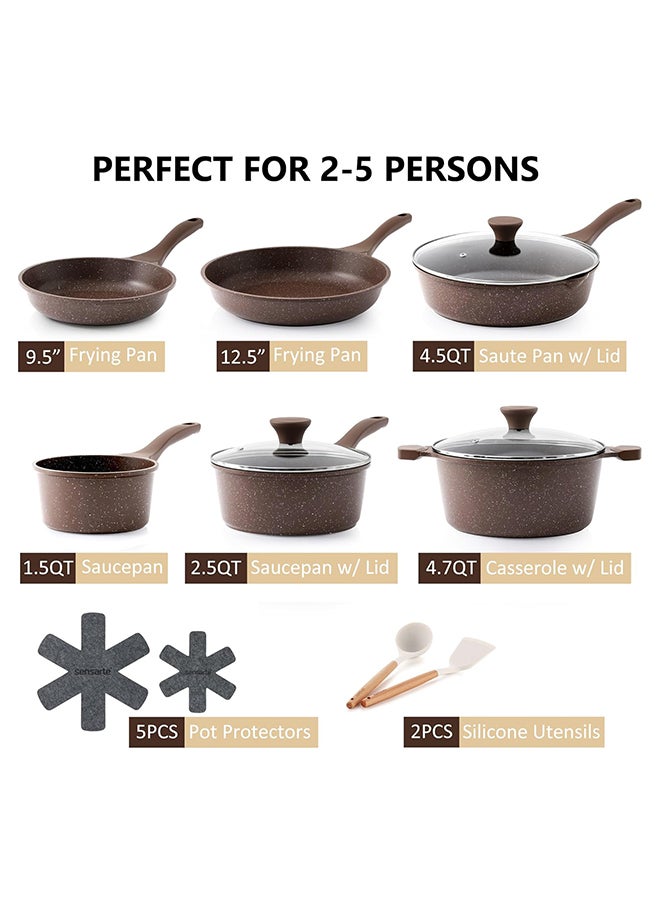 16 Piece Swiss Granite Coating Cookware Set, Non-Stick, PFOA/PFOS/APEO Free, 1X24Cm Casserole With Lid,1X28Cm Deep Fry Pan With Lid, 1X24Cm Fry Pan, 1X32Cm Fry Pan, 1X16Cm Sauce Pan, 1X20Cm Sauce Pan With Lid, 3 Utensils, 5X Protectors, Toffee Brown