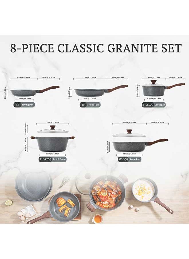 8 Piece Pasca Aluminum Nonstick Granite Cookware Set With Wooden Handles, Non-Stick, Pfoa-Free, Dishwasher & Oven Safe, 1X24Cm Fry Pan, 1X 28Cm Fry Pan, 1X28Cm Casserole With Lid, 1X30Cm Deep Frying Pan With Lid, 1X20Cm Sauce Pan 20Cm With Lid, Black