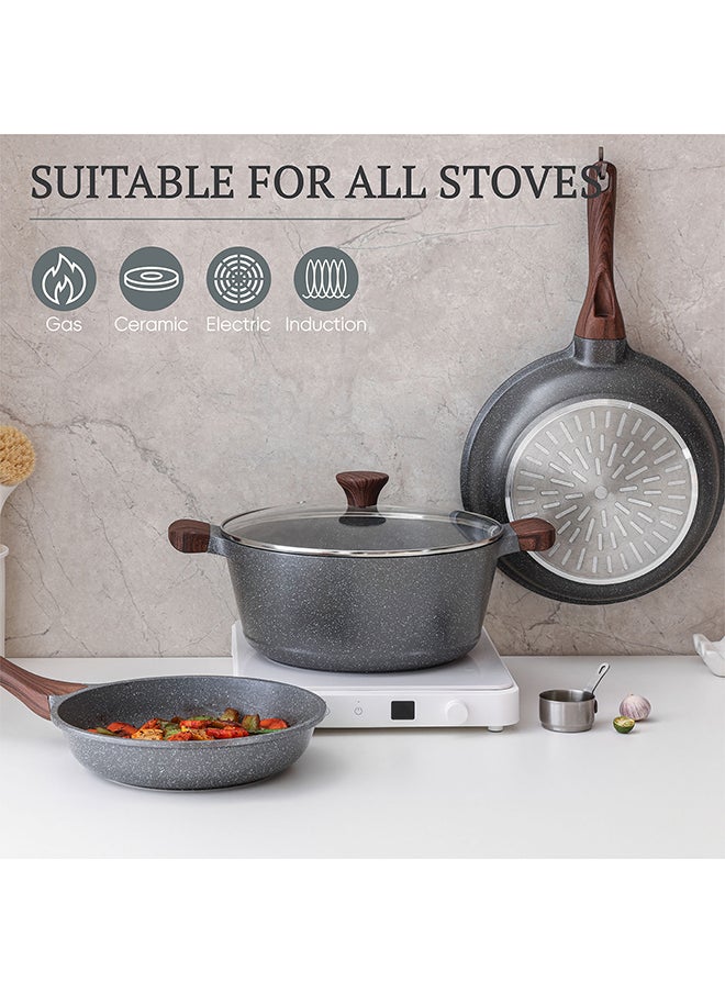 8 Piece Pasca Aluminum Nonstick Granite Cookware Set With Wooden Handles, Non-Stick, Pfoa-Free, Dishwasher & Oven Safe, 1X24Cm Fry Pan, 1X 28Cm Fry Pan, 1X28Cm Casserole With Lid, 1X30Cm Deep Frying Pan With Lid, 1X20Cm Sauce Pan 20Cm With Lid, Black