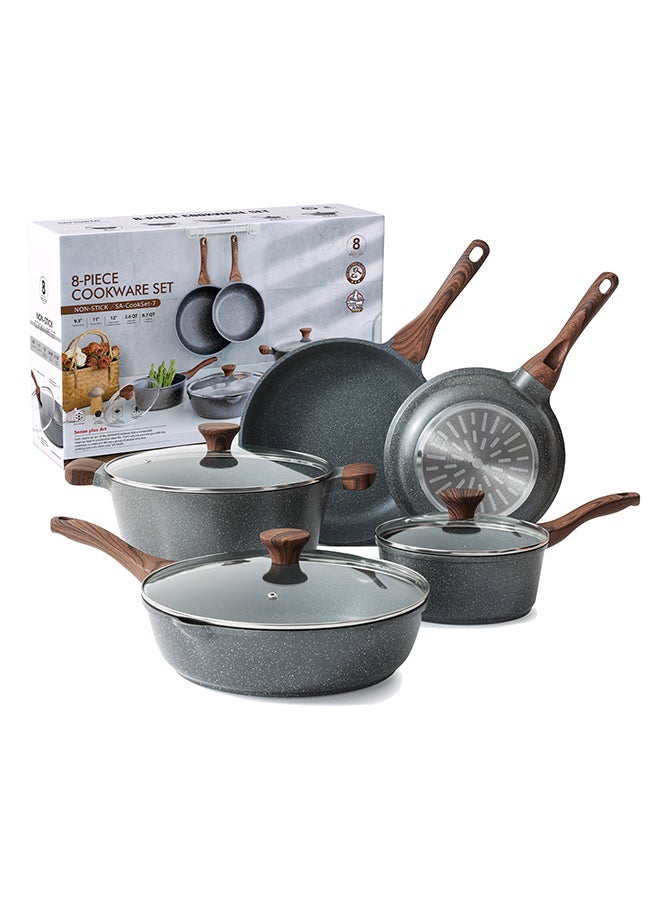 8 Piece Pasca Aluminum Nonstick Granite Cookware Set With Wooden Handles, Non-Stick, Pfoa-Free, Dishwasher & Oven Safe, 1X24Cm Fry Pan, 1X 28Cm Fry Pan, 1X28Cm Casserole With Lid, 1X30Cm Deep Frying Pan With Lid, 1X20Cm Sauce Pan 20Cm With Lid, Black