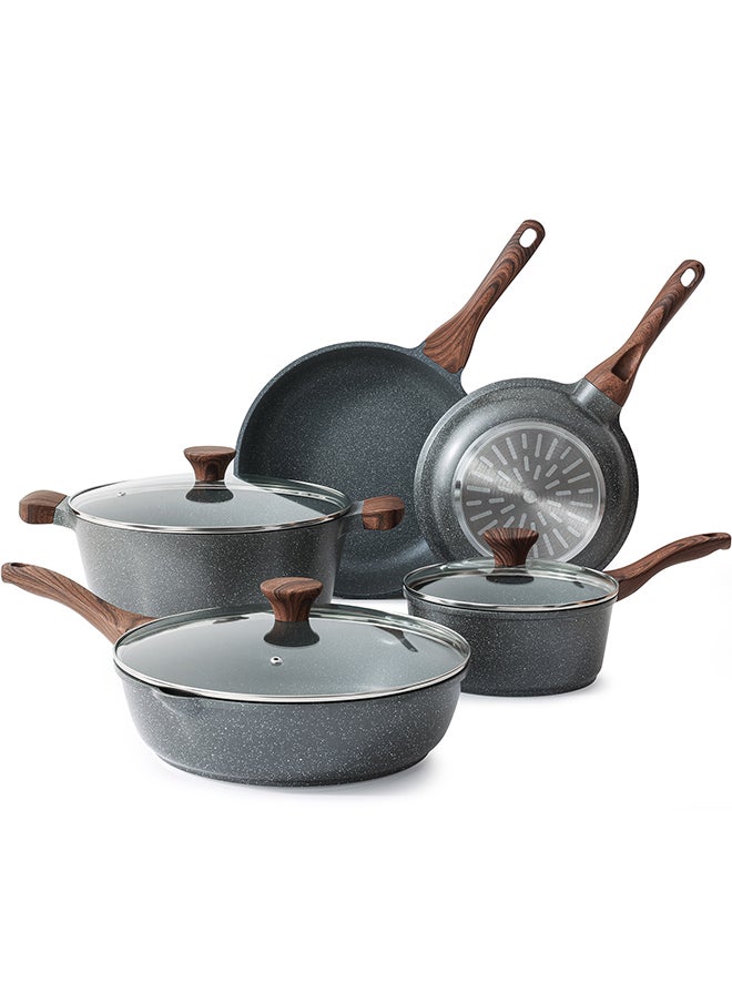 8 Piece Pasca Aluminum Nonstick Granite Cookware Set With Wooden Handles, Non-Stick, Pfoa-Free, Dishwasher & Oven Safe, 1X24Cm Fry Pan, 1X 28Cm Fry Pan, 1X28Cm Casserole With Lid, 1X30Cm Deep Frying Pan With Lid, 1X20Cm Sauce Pan 20Cm With Lid, Black