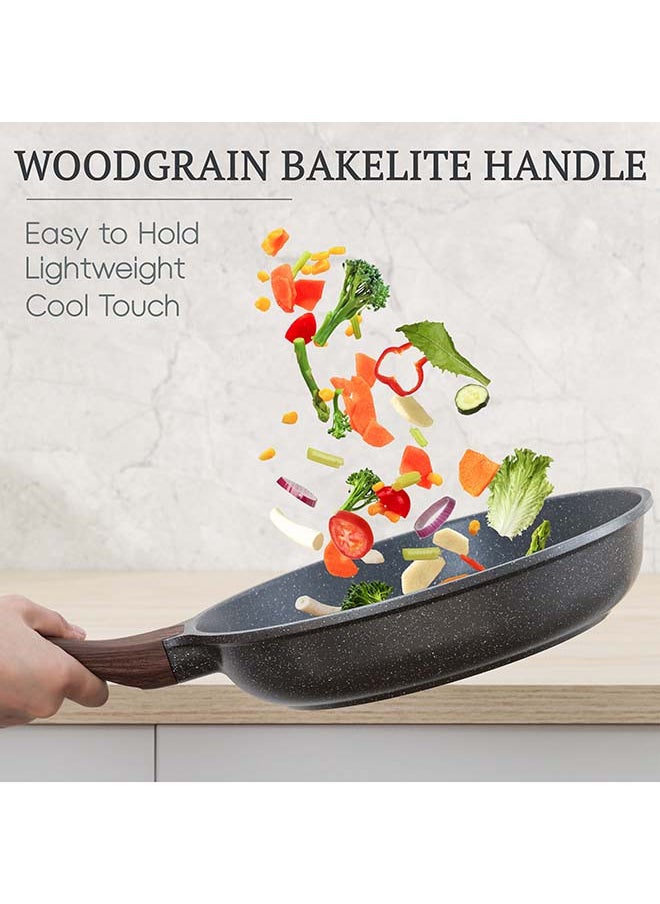 8 Piece Pasca Aluminum Nonstick Granite Cookware Set With Wooden Handles, Non-Stick, Pfoa-Free, Dishwasher & Oven Safe, 1X24Cm Fry Pan, 1X 28Cm Fry Pan, 1X28Cm Casserole With Lid, 1X30Cm Deep Frying Pan With Lid, 1X20Cm Sauce Pan 20Cm With Lid, Black