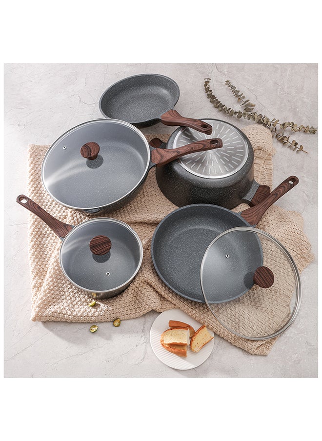 8 Piece Pasca Aluminum Nonstick Granite Cookware Set With Wooden Handles, Non-Stick, Pfoa-Free, Dishwasher & Oven Safe, 1X24Cm Fry Pan, 1X 28Cm Fry Pan, 1X28Cm Casserole With Lid, 1X30Cm Deep Frying Pan With Lid, 1X20Cm Sauce Pan 20Cm With Lid, Black