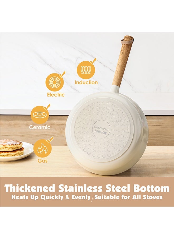 15 Piece Ceramic Non-Stick Cookware Set With Wooden Handles, PFOA/PFOS/APEO Free, 1X24Cm Casserole With Lid, 1X28Cm Shallow Casserole With Lid, 1X24Cm Fry Pan, 1X18Cm Sauce Pan With Lid, 1X18Cm Pot, 2 Silicone Utensils, 4X Pan Protector, Cream White
