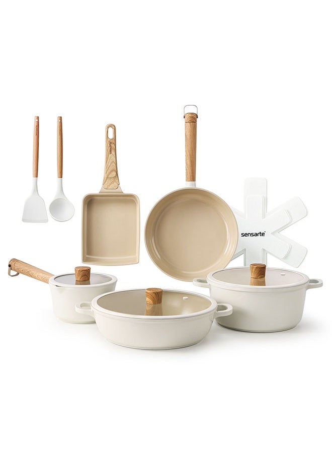 15 Piece Pasca Ceramic Non-Stick Cookware Set With Wooden Handles, Pfoa-Free, 1X24Cm Casserole With Lid, 1X28Cm Shallow Casserole With Lid, 1X24Cm Fry Pan, 1X18Cm Sauce Pan With Lid, 1X18Cm Pot, 2 Silicone Utensils, 4X Pan Protector, Cream White