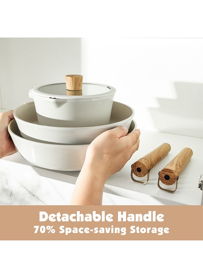 15 Piece Ceramic Non-Stick Cookware Set With Wooden Handles, PFOA/PFOS/APEO Free, 1X24Cm Casserole With Lid, 1X28Cm Shallow Casserole With Lid, 1X24Cm Fry Pan, 1X18Cm Sauce Pan With Lid, 1X18Cm Pot, 2 Silicone Utensils, 4X Pan Protector, Cream White