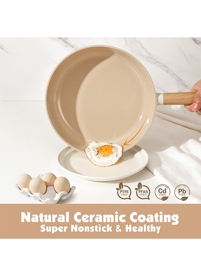 15 Piece Ceramic Non-Stick Cookware Set With Wooden Handles, PFOA/PFOS/APEO Free, 1X24Cm Casserole With Lid, 1X28Cm Shallow Casserole With Lid, 1X24Cm Fry Pan, 1X18Cm Sauce Pan With Lid, 1X18Cm Pot, 2 Silicone Utensils, 4X Pan Protector, Cream White