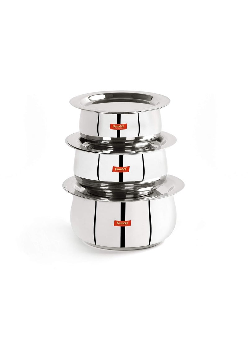 Sumeet Stainless Steel Belly Shape 3 Pc Tope/Cookware/Pot Set with Lid 380ML, 500ML, 780ML, (Silver)