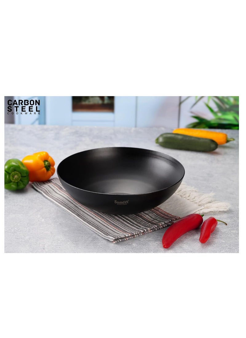 Sumeet Super Smooth Pre Seasoned Carbon Steel (Iron) Deep Tasra for Cooking and Deep Frying|Naturally Nonstick |25cm | 2450ml, Gas & Induction-Friendly, Black