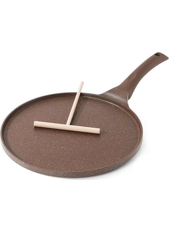 26Cm Nonstick Crepe Pan With Wooden Pole, Swiss Granite, Coating Dosa Pan, Pancake Flat Skillet Tawa, Griddlewith, Stay Cool Handle, Induction And Gas Compatible, Pfoa Free, Dishwasher Safe, Toffee Brown