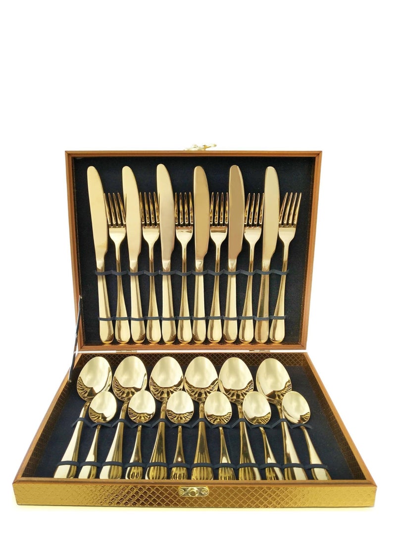 Gold Silverware Set with Pattern Mirror Polished 24 Pieces Cutlery Set Housewarming Wedding Gift, Service for 6