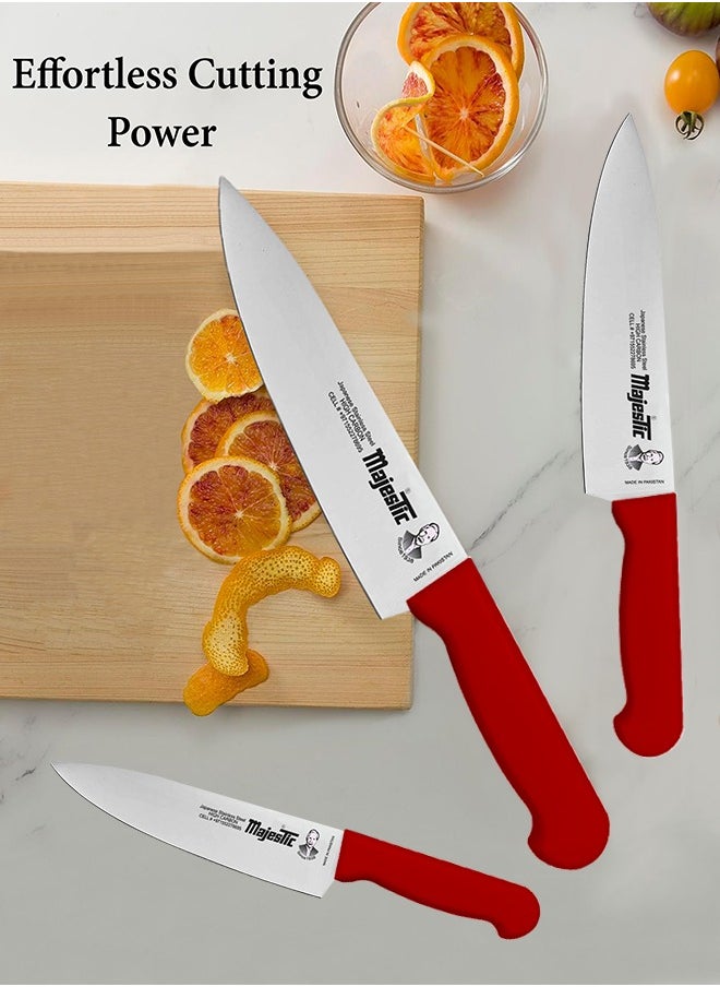 Majestic 3-Piece Chef Knife Set – 6-Inch, 8-Inch & 10-Inch High Carbon Stainless Steel Knives, Razor-Sharp Edge, Ergonomic Non-Slip Handle, Safe Bolster & Heel, Precision Cutting for Slicing, Chopping & Dicing – Dishwasher Safe, Red