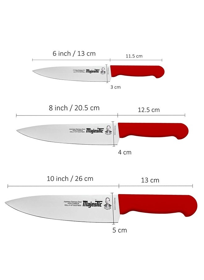 Majestic 3-Piece Chef Knife Set – 6-Inch, 8-Inch & 10-Inch High Carbon Stainless Steel Knives, Razor-Sharp Edge, Ergonomic Non-Slip Handle, Safe Bolster & Heel, Precision Cutting for Slicing, Chopping & Dicing – Dishwasher Safe, Red