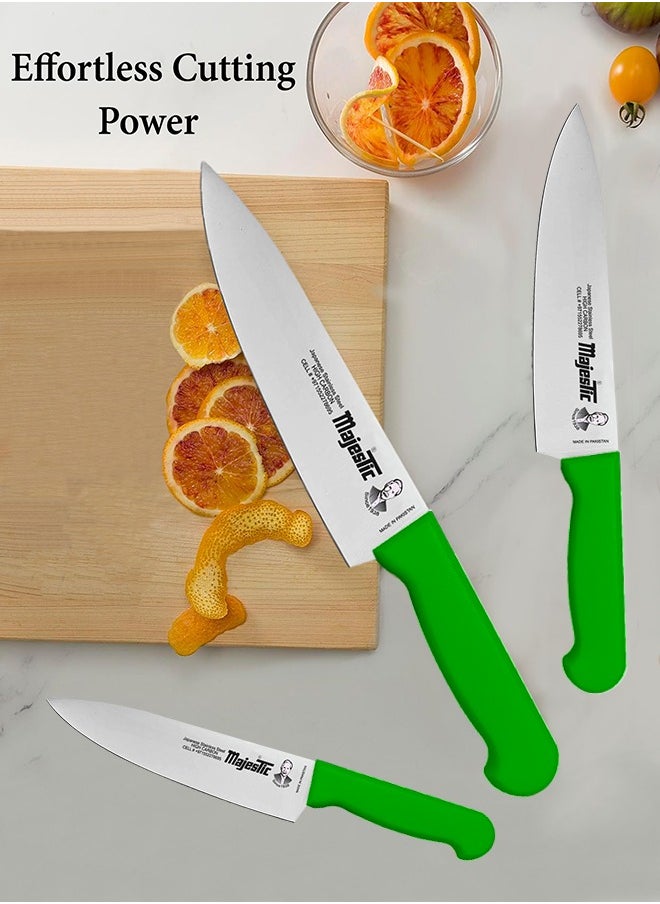 Majestic 3-Piece Chef Knife Set – 6-Inch, 8-Inch & 10-Inch High Carbon Stainless Steel Knives, Razor-Sharp Edge, Ergonomic Non-Slip Handle, Safe Bolster & Heel, Precision Cutting for Slicing, Chopping & Dicing – Dishwasher Safe, Green