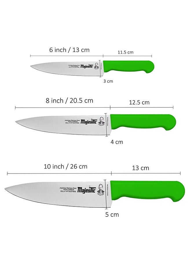 Majestic 3-Piece Chef Knife Set – 6-Inch, 8-Inch & 10-Inch High Carbon Stainless Steel Knives, Razor-Sharp Edge, Ergonomic Non-Slip Handle, Safe Bolster & Heel, Precision Cutting for Slicing, Chopping & Dicing – Dishwasher Safe, Green