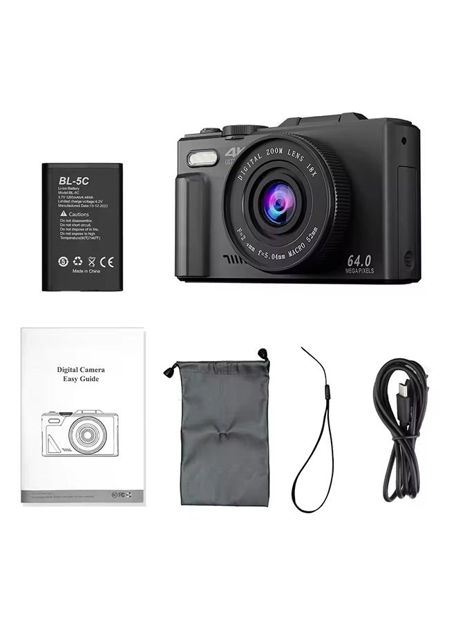 Compact Digital Photography Camera 4K 18x Digital Zoom Retro Vlog Video Recorder YouTube 180° Flip Screen Selfie with Flash with 64GB Memory Card