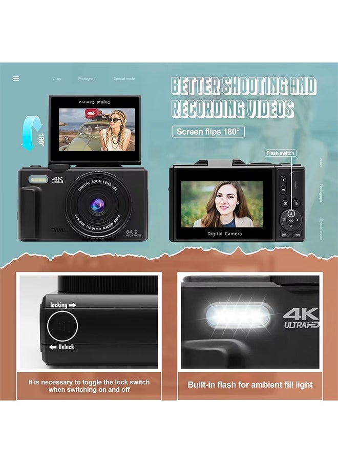 Compact Digital Photography Camera 4K 18x Digital Zoom Retro Vlog Video Recorder YouTube 180° Flip Screen Selfie with Flash with 64GB Memory Card