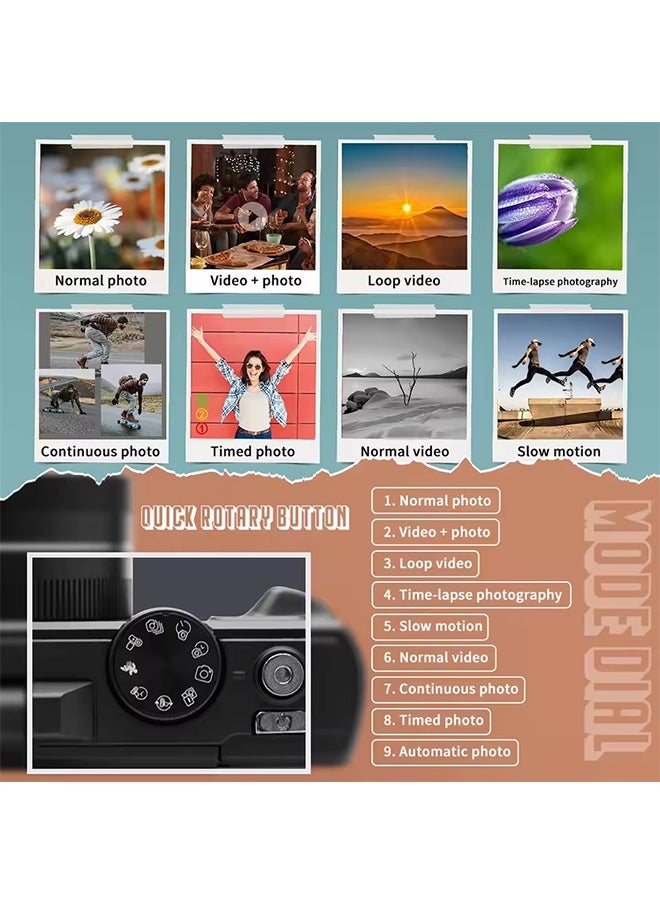 Compact Digital Photography Camera 4K 18x Digital Zoom Retro Vlog Video Recorder YouTube 180° Flip Screen Selfie with Flash with 64GB Memory Card