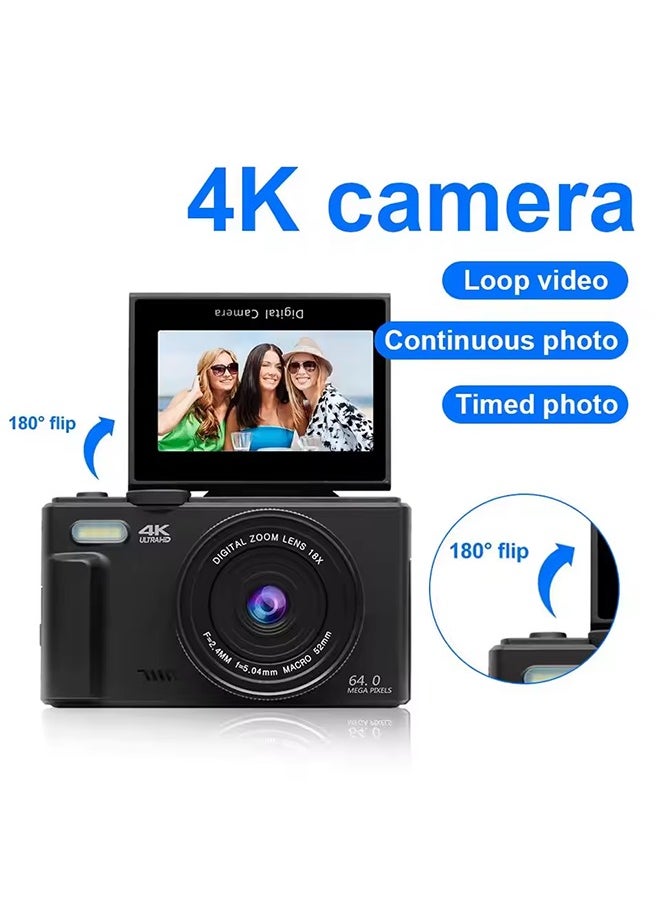 Compact Digital Photography Camera 4K 18x Digital Zoom Retro Vlog Video Recorder YouTube 180° Flip Screen Selfie with Flash with 64GB Memory Card