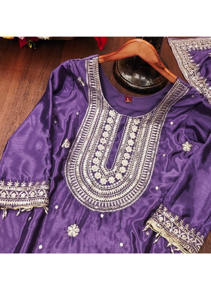 Designer Embroidered Chinon Purple Suit With Embroidered Work