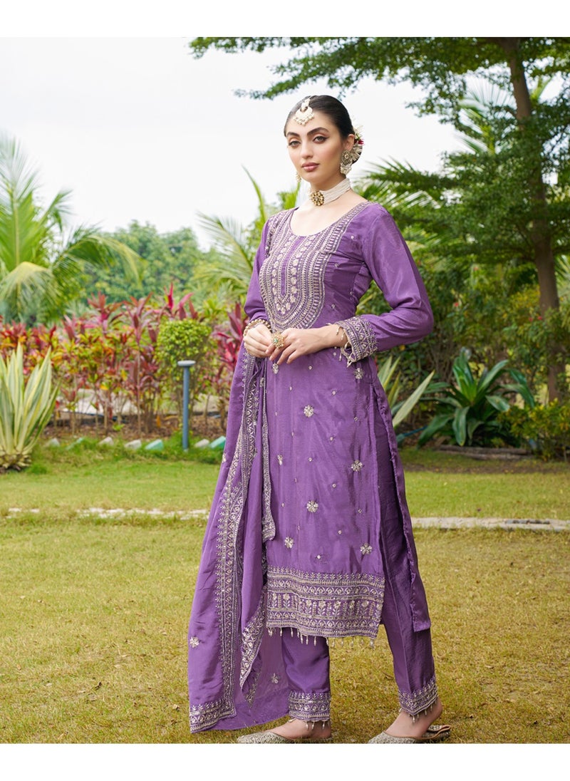 Designer Embroidered Chinon Purple Suit With Embroidered Work