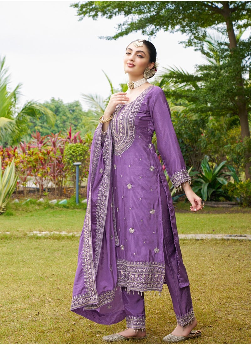 Designer Embroidered Chinon Purple Suit With Embroidered Work