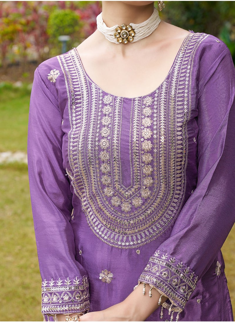 Designer Embroidered Chinon Purple Suit With Embroidered Work