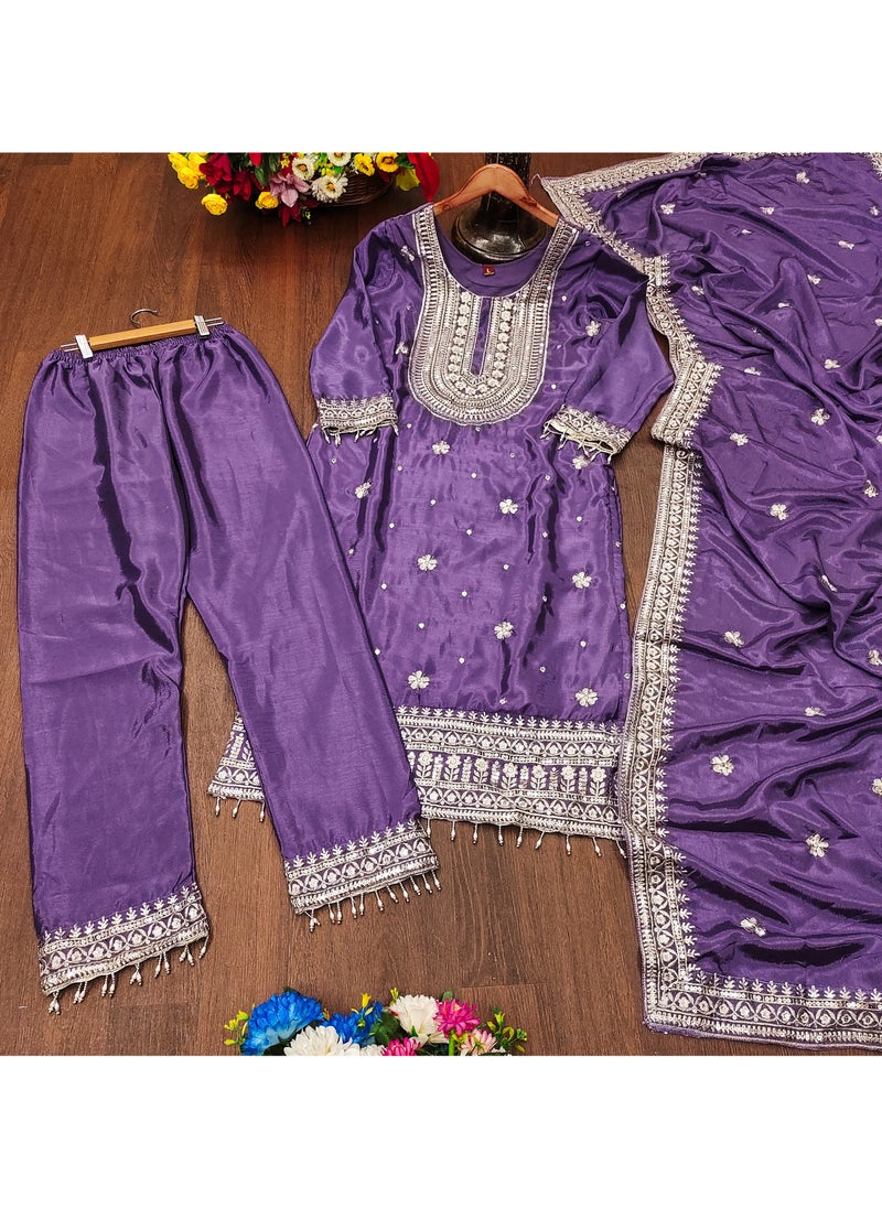 Designer Embroidered Chinon Purple Suit With Embroidered Work