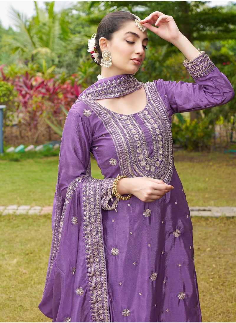 Designer Embroidered Chinon Purple Suit With Embroidered Work