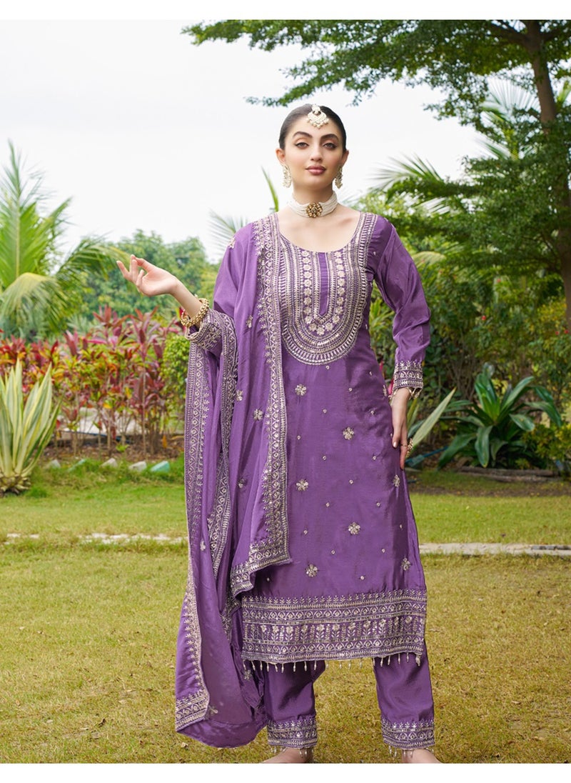 Designer Embroidered Chinon Purple Suit With Embroidered Work