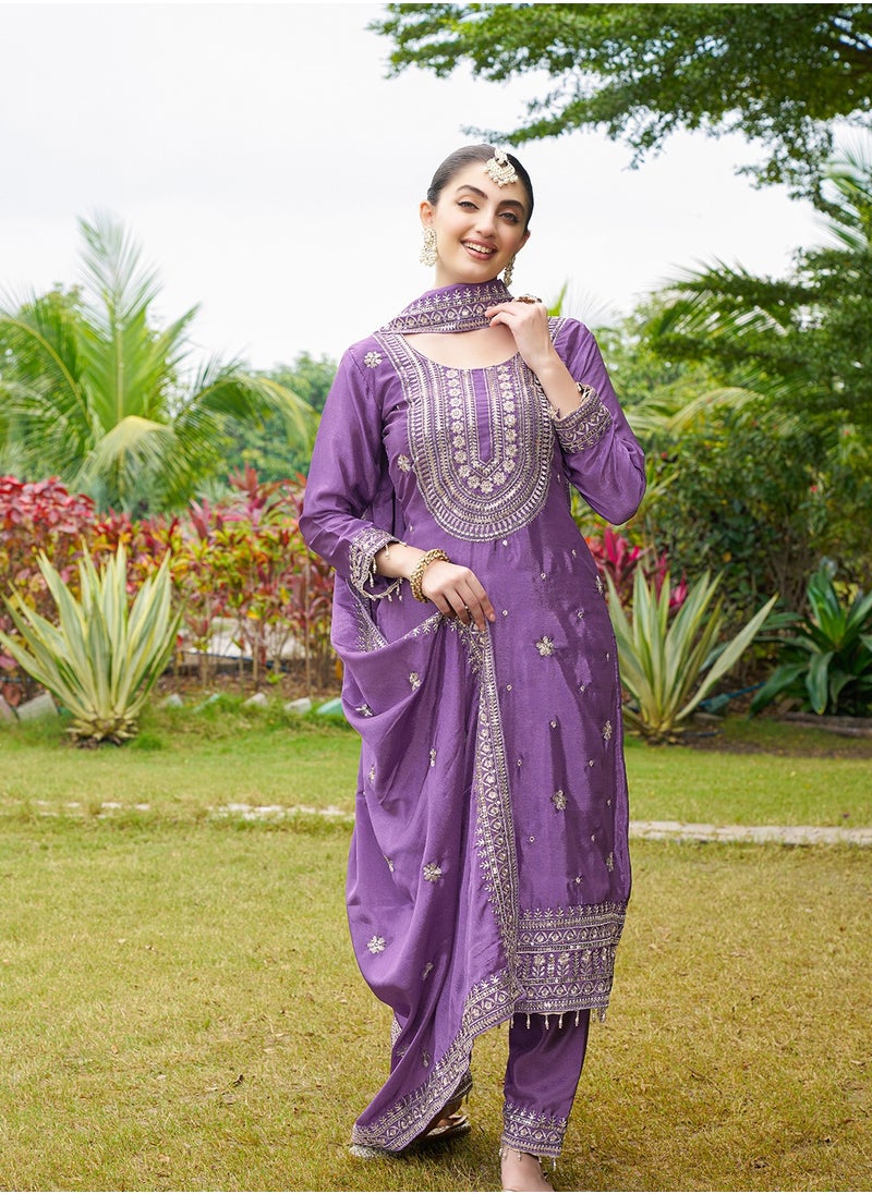 Designer Embroidered Chinon Purple Suit With Embroidered Work